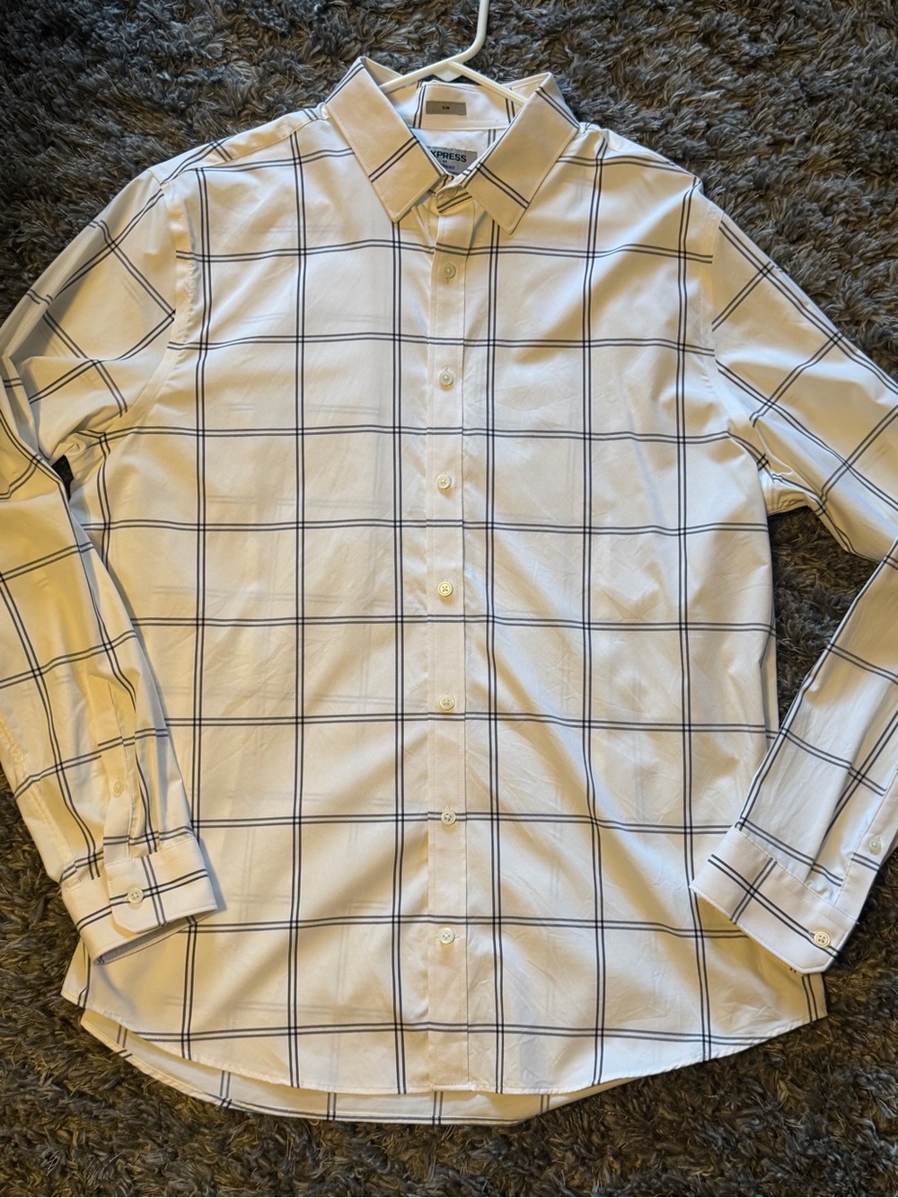 Express Men's Slim performance White Shirt with Navy Windowpane Check